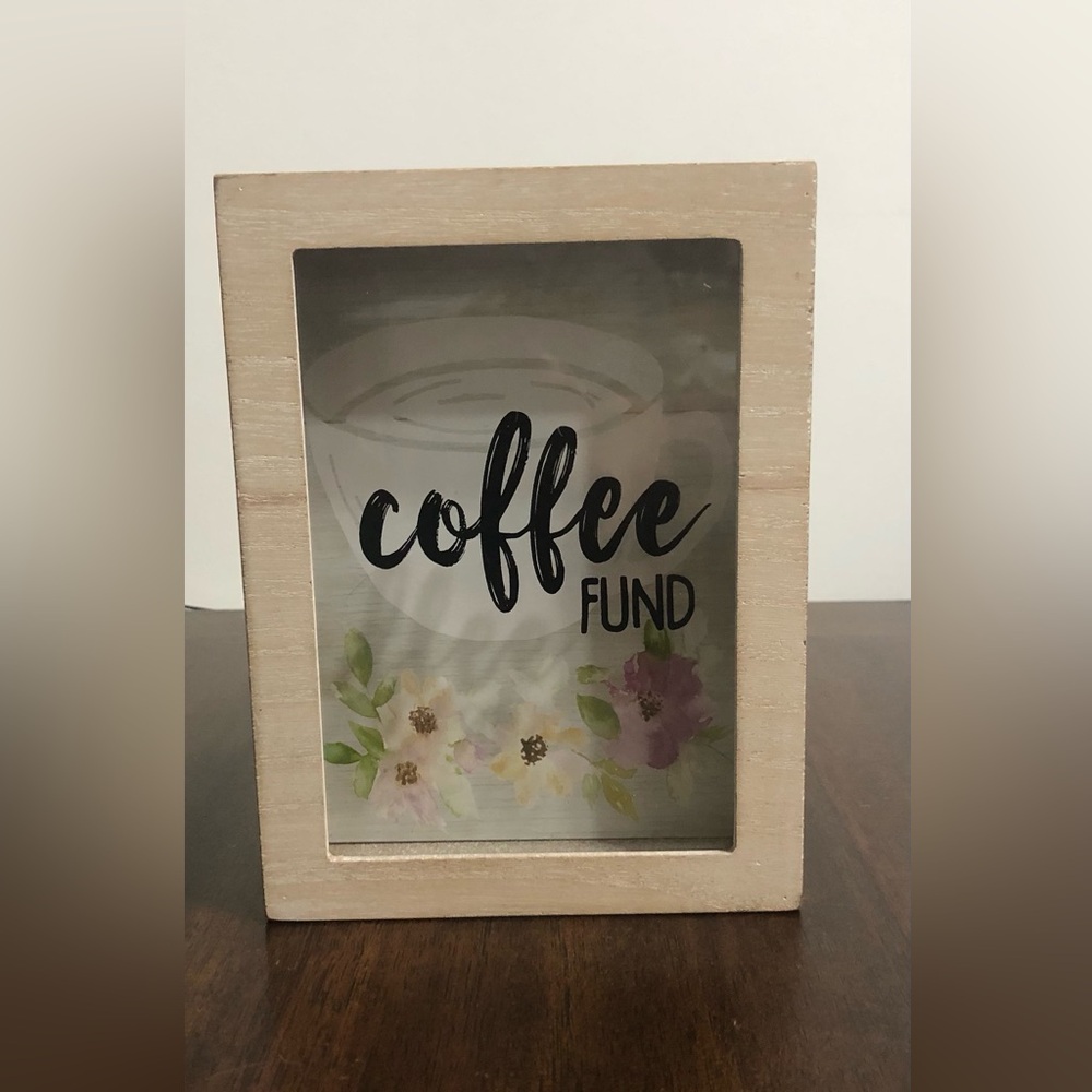 Wood Wall  table decor frame Coffee Fund cup flowers graphic Piggy bank cream.